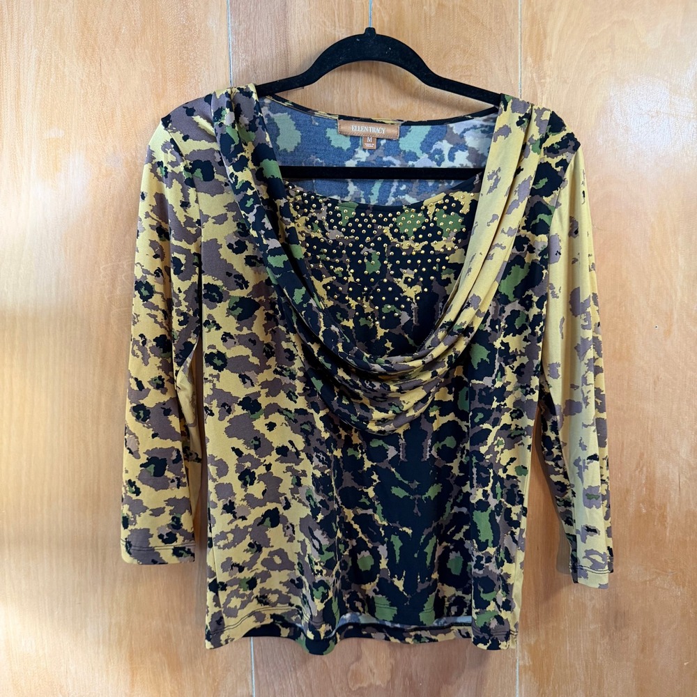 Y2K Indie‎ Sleaze Animal Print Draped Cowl Neck Top Studded Blouse Medium